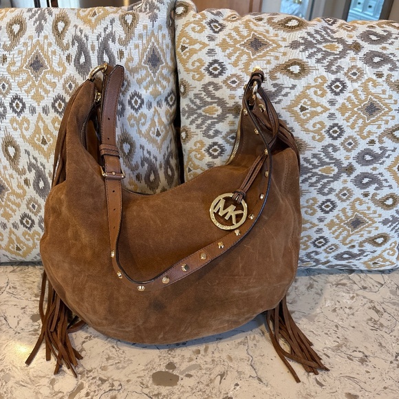Michael Kors Rhea  Large Fringed Slouchy Dark Caramel Suede Shoulder Handbag - Picture 1 of 6